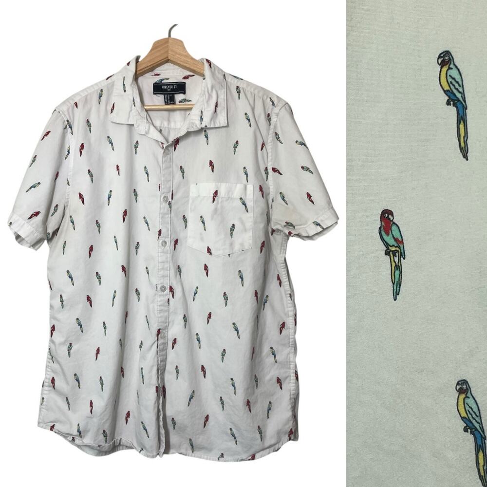 Forever 21 Mens Button Front Shirt Novelty Print Parrot Birds Short Sleeve XL